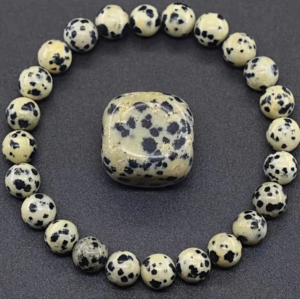 Natural Dalmation Jasper Gemstone Round Beaded Stretch Unisex Bracelet 7.5"